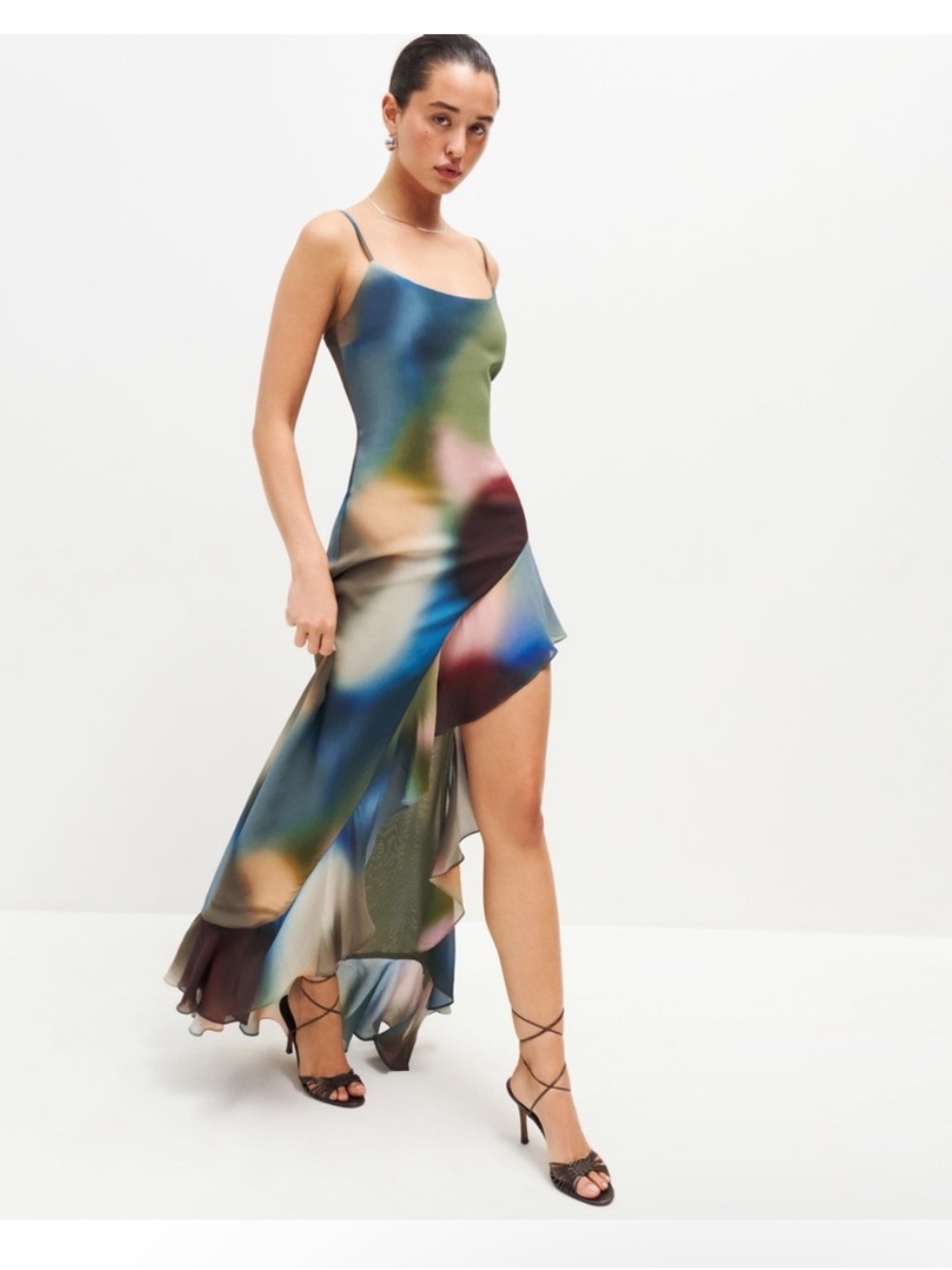Reformation Winola Dress - Multi-Color Slip Maxi Dress with Asymmetric Hem